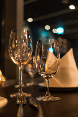 Two wine glasses in the luxury restaurant, beautiful evening restaurant with luxury decor