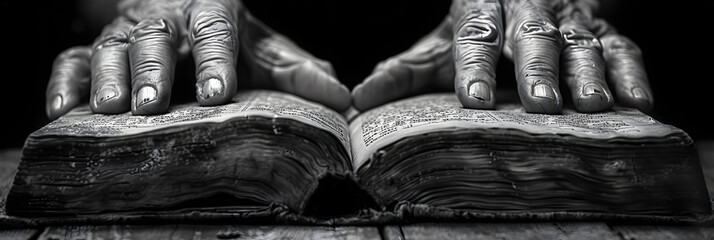 My ink-stained fingers turn the pages of my jour,
Hands of a old man pray on bible Hope faith christianity religion concept
 - obrazy, fototapety, plakaty