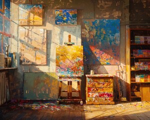 An oil painters studio at golden hour with completed canvases casting vibrant shadows