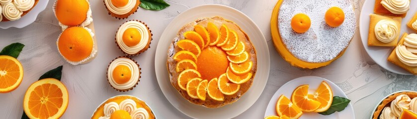An orange-themed dessert spread with cakes - obrazy, fototapety, plakaty