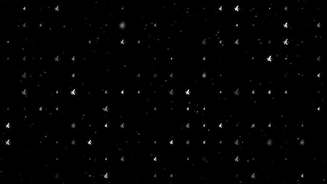 Template animation of evenly spaced peeled banana symbols of different sizes and opacity. Animation of transparency and size. Seamless looped 4k animation on black background with stars