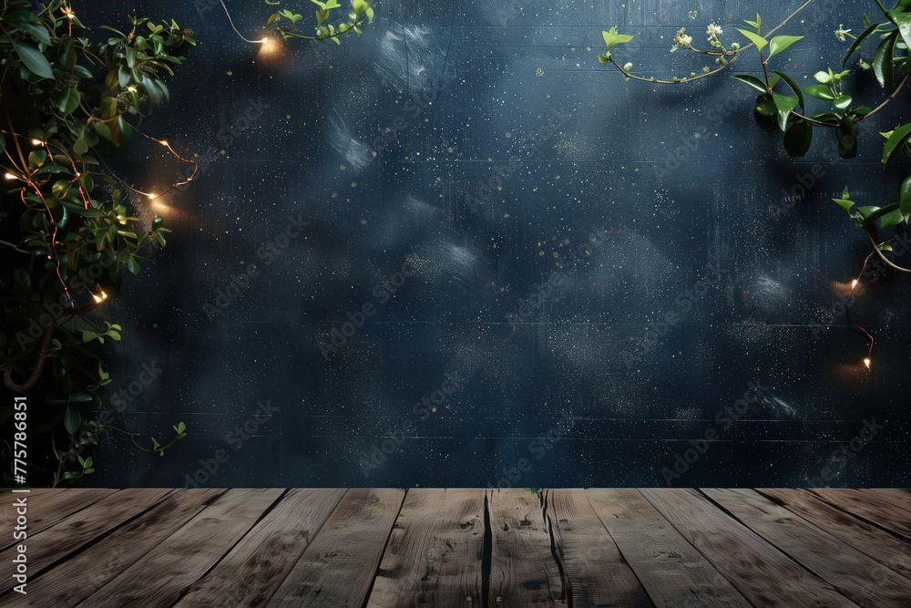 Poster wooden table with black background and hanging plants and lights framing. background image. created 