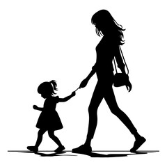 A sweet cute mommy with a small girl, wear casual outfits, walking holding arms isolated vector black color silhouette 17