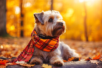 Golden Retriever Wearing a Plaid Scarf in Autumn Forest at Sunset