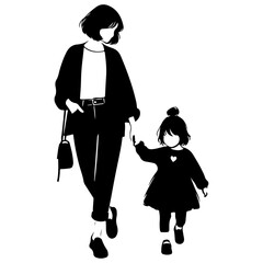 A sweet cute mommy with a small girl, wear casual outfits, walking holding arms isolated vector black color silhouette 38