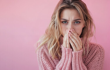 Young blonde woman with allergy or cold symptom runny nose isolated on pink background. Sick pretty girl looking at camera.