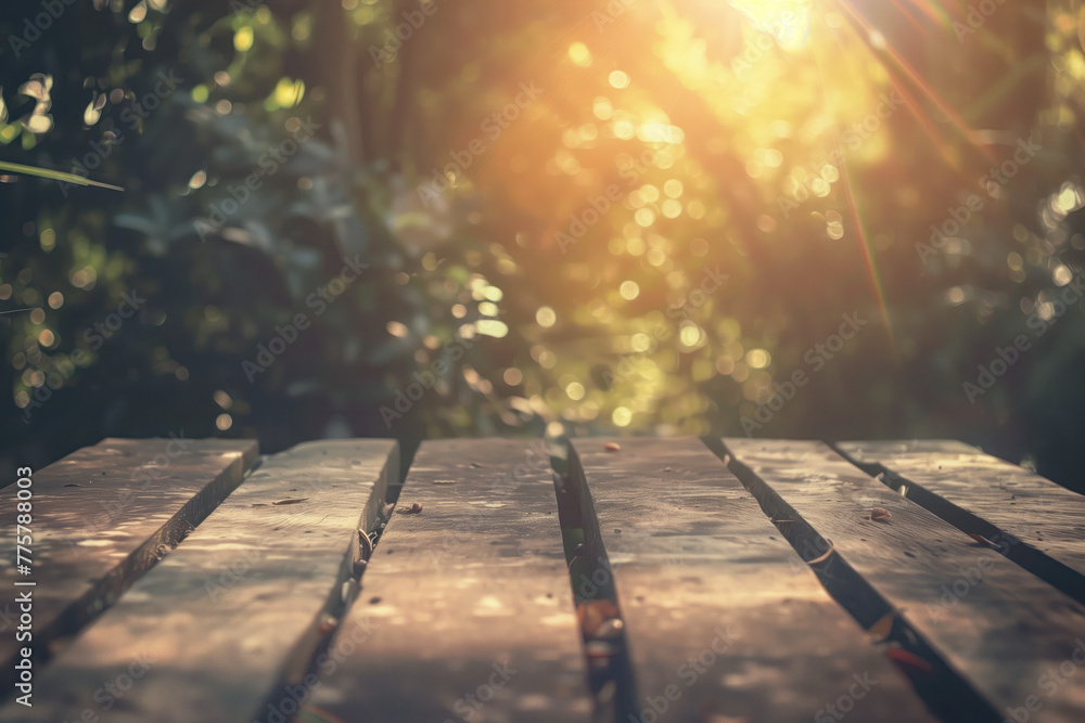 Poster wooden table in the garden. blurred trees in the back. background image. created with generative ai 