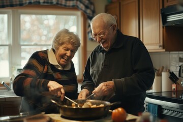 Elderly Couple's Cooking Time, Kitchen Setting, Dynamic Angle - obrazy, fototapety, plakaty