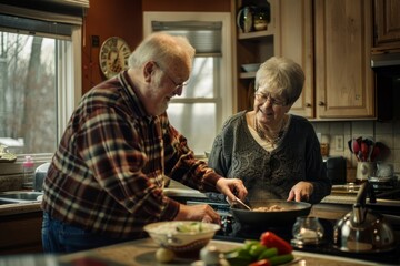 Joyful Seniors Cooking, Homely Kitchen Interior, Candid