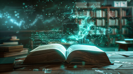 Textbook with floating equations: magic meets learning, ideal for education and innovation themes