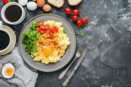 Healthy delicious breakfast. View from above. Traditional scrambled eggs. generative ai