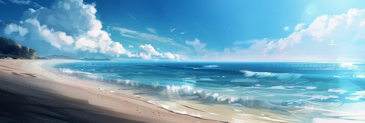 Panoramic Illustration of a sunny beach. Cloudy sky. Waves. Sand. Wide aspect. Summer. Blue sea. Vacation. Holiday