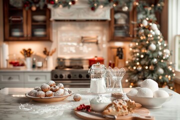 Obraz na płótnie Canvas Christmas Baking Scene in Festive Kitchen, Holiday Preparations