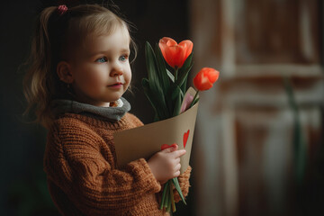 Adorable little girl offering flowers and heart shaped card to her mom on a mothers day