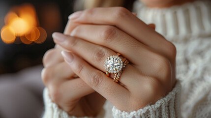 Close-up of elegant diamond ring on woman's finger with soft-focus background.