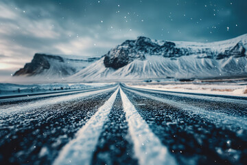 Roads in Iceland covered with snow and black ice during wintertime.