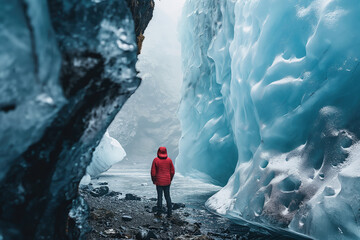 Tourist exploring majestic Icelandic ice cave. Wonderful nature of Iceland. - obrazy, fototapety, plakaty
