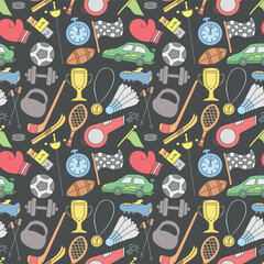 Seamless sport pattern. Background with sports icons. Doodle sport illustration