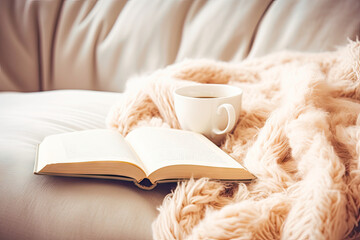 Cozy Winter Evening With a Warm Blanket, Lit Candle, and an Open Book - obrazy, fototapety, plakaty