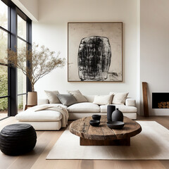 Boho interior design of modern living room, home. - obrazy, fototapety, plakaty