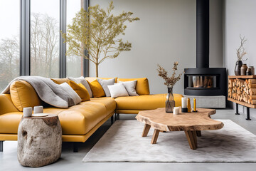 Obraz premium Minimalist interior design of modern living room, home with yellow sofa and fireplace.