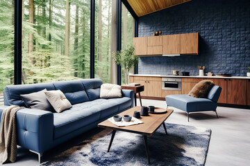 Minimalist interior design of modern living room, home with blue sofa.