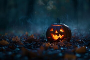 Eerie Jack-o'-Lantern in Dark Autumn Forest