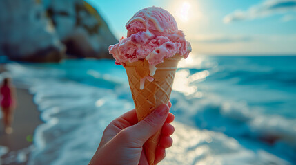 Hand holding an ice cream cone or cornet against a backdrop of the sea and beach - obrazy, fototapety, plakaty