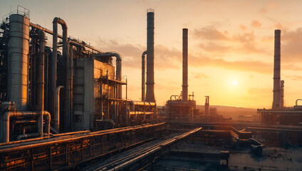 Large oil refinery with many pipes and chimneys sits in a rural area at sunset. The sky is ablaze with orange and red hues. - obrazy, fototapety, plakaty