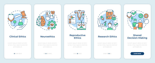 Specific areas within bioethics onboarding mobile app screen. Walkthrough 5 steps editable graphic instructions with linear concepts. UI, UX, GUI template. Montserrat SemiBold, Regular fonts used