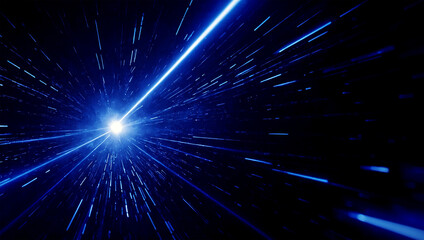 Spaceship streaks through a biue glowing wormhole in deep space.