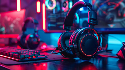 Fototapeta premium Gaming Headphones in a neon color background. A close-up view of a modern headset. Concept of video game and entertainment. Generative AI