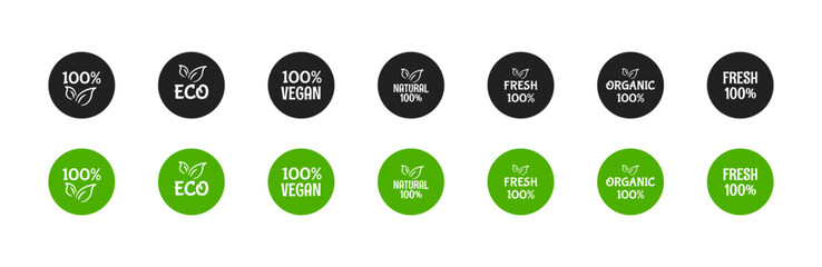 Organic, healthy, eco product label and badge set. Fresh, vegan food. Vector EPS 10