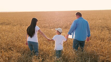 Happy family walking together at sunny dry wheat field with love and tenderness back view. Mother father and son holding hands going on countryside farming agriculture harvest meadow enjoy freedom