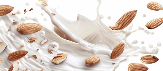 Almonds falling into a milk splash with white background