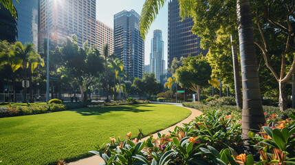Obraz premium Urban greenery meets business hustle, public park in the core of a bustling downtown cityscape,