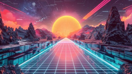 Futuristic Landscape With Mountains, Rocks, and Neon Lights - obrazy, fototapety, plakaty
