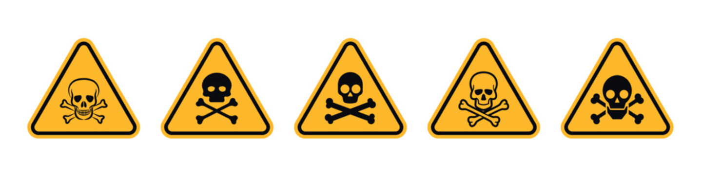 Danger, warning sign icon set. Poison, toxic, biohazard caution sign. Skull, chemical danger yellow triangle symbol element.