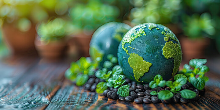 Mundos celestes verdes, concepto gráfico, espacio recursos natural renovables semillas Ilustración 3D, 2 globos terráqueos, medio ambiente. Día Internacional global de la  madre tierra fondo degradado