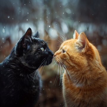 Dos gatos, negro y canela, d&iacute;a internacional del beso, hocico, bigotes, sello, conexi&oacute;n, razas hogare&ntilde;as, peludos, miau, campa&ntilde;a vacunaci&oacute;n veterinarios, fondo difuminado gris, marr&oacute;n