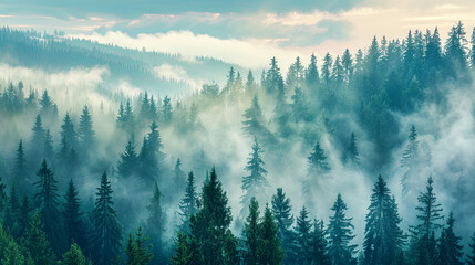 In the  morning, a thick fog shrouds the mountain scenery, wrapping around the coniferous trees - obrazy, fototapety, plakaty