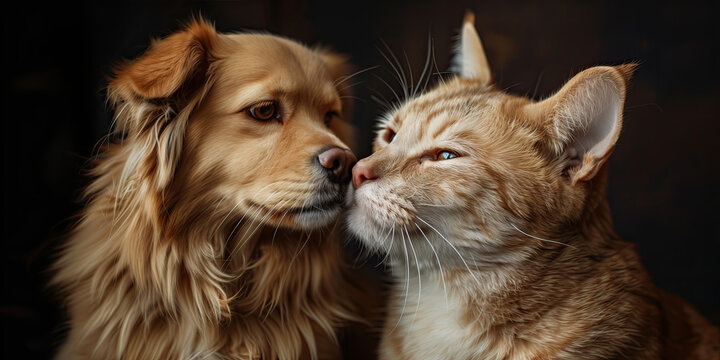 Un perro y gato, día internacional del beso, hocico, bigotes, sello, conexión, razas hogareñas, peludos, comida para mascotas, veterinarios, campaña vacunación, fondo negro