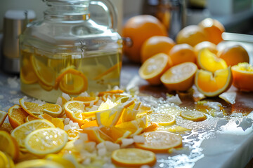 Freshly Sliced Oranges on a Kitchen Counter with Sunlight and a Jar of Infused Water