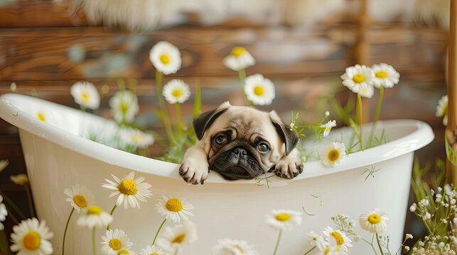 An adorable pug indulging in spa treatments while soaking in a bathtub filled with fragrant flowers