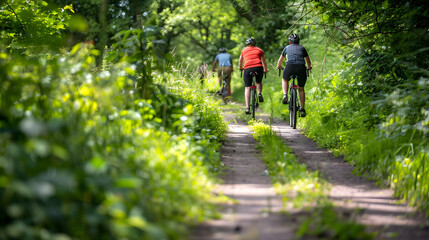 Obraz premium Cyclists enjoying leisure ride on lush green forest trail during summer day