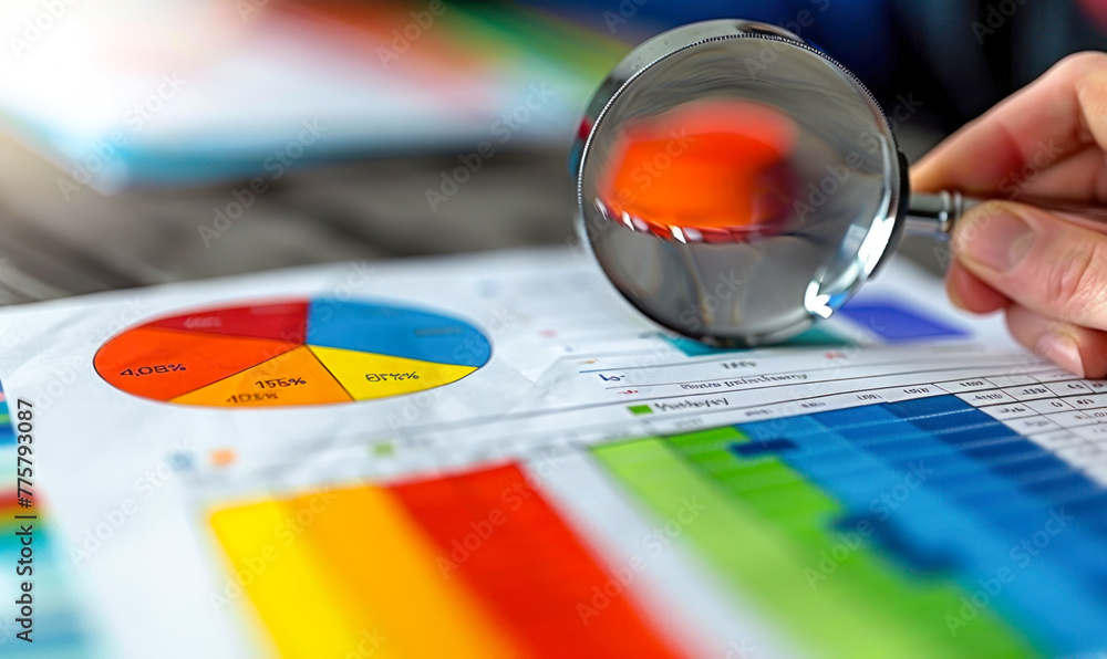 Poster magnifying glass focusing on financial charts and graphs, with blurred colorful bar graph and line g