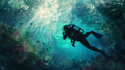 An experienced diver equipped with scuba gear ventures into the depths of the ocean to explore the underwater world	
