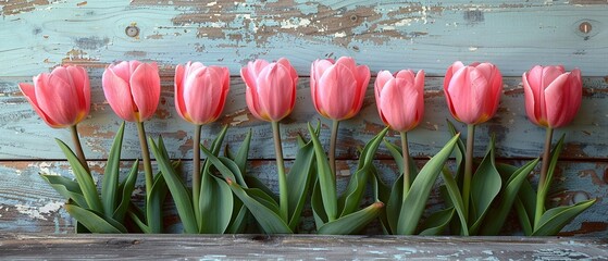 Pink tulips on a wooden background.