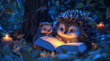 A mother hedgehog lovingly reads a bedtime story to her baby before they both settle down for the night - obrazy, fototapety, plakaty