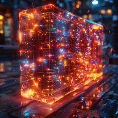 Quantencomputing: Ein Quantencomputer, der komplexe Berechnungen durchfÃ¼hrt, umfasst von einer Aura aus Datenlicht. --stylize 750 Job ID: a037e0a0-8c70-46ff-8856-fc1fabdc9b18